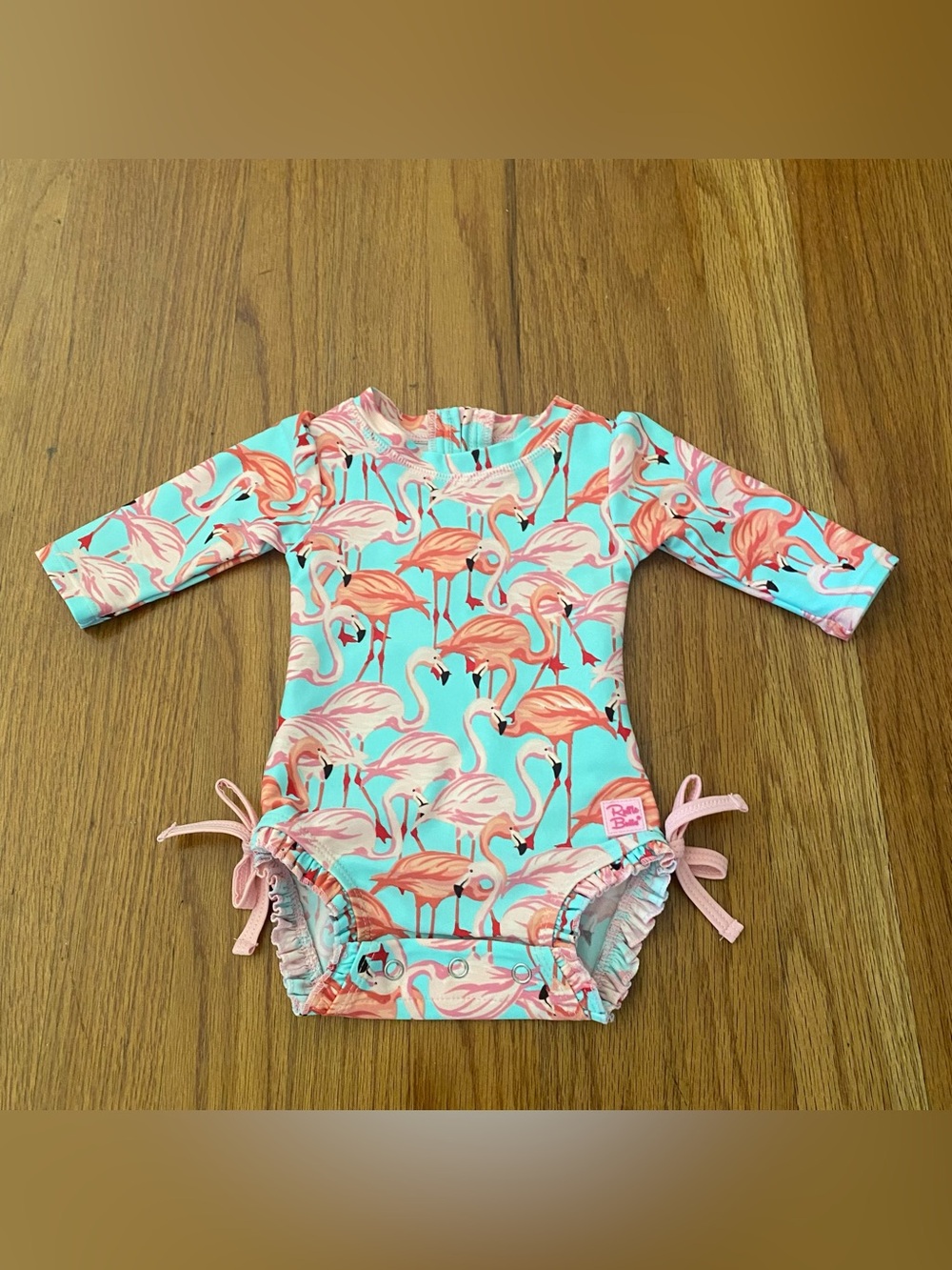 Ruffle Butts Pink Flamingo Print Turquoise Long-Sleeve One-Piece Rashguard